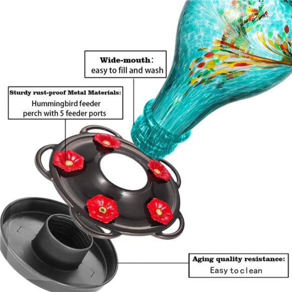 Hummingbird Feeder, Hand Blown Glass Hummingbird Feeder, Never Fade, 36 Ounces - Picture 5 of 7